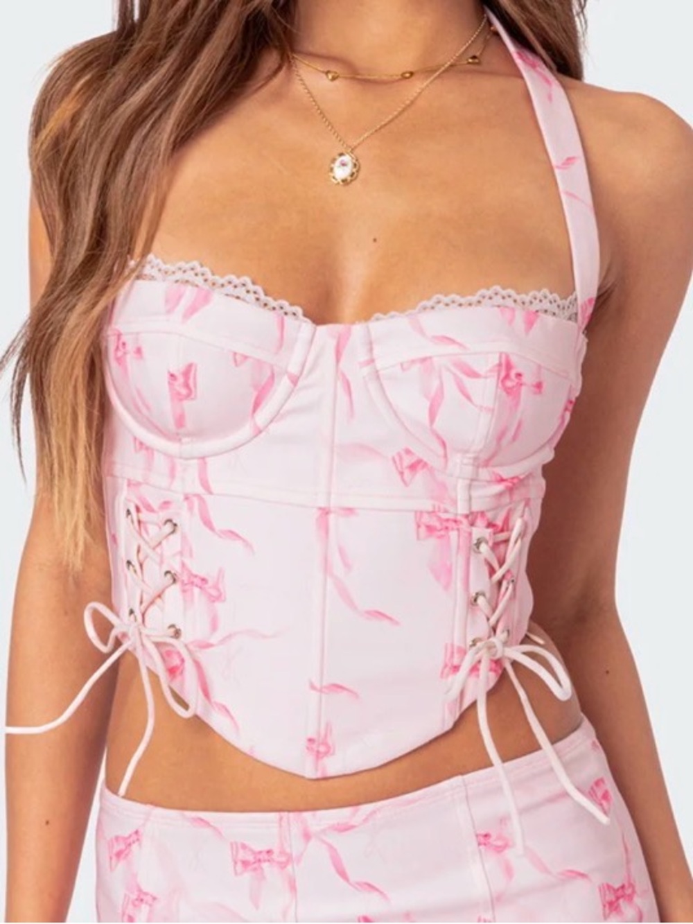 Edikted Pink Bow-Print Lace-Up Halter Bustier Top